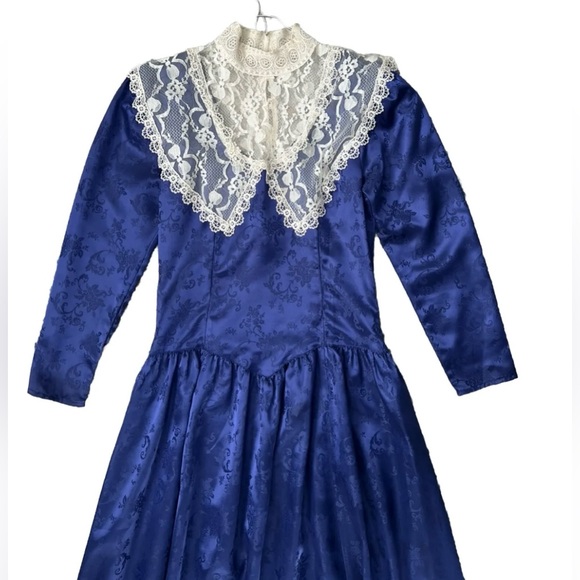 Gunne Sax • Jessica McClintock Vintage Prairie Dress Lace Smock Neck Long Sleeve - Picture 3 of 11